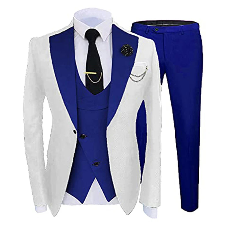 Slim Fit Formal Men Suits for Wedding with Wide Notched Lapel 3 Pieces Groom Tuxedo Male Fashion Jacket Vest Pants 2022 White and Royal Blue