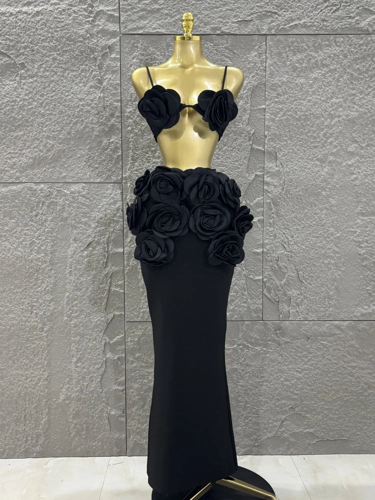 Hot Sale Women Sexy Strap Florlas 2 Pieces Bodycon Long Bandage Dress Nightclub Party Bar Singer Celebrate Birthday Outfit