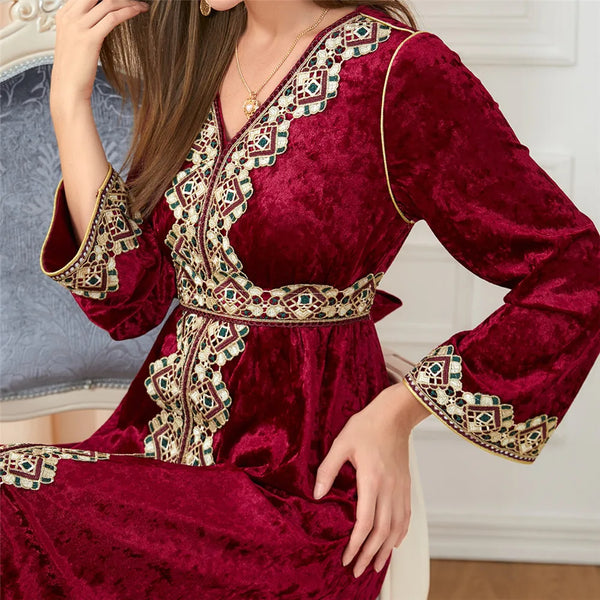 Velvet Autumn Winter Morocco Luxury Muslim Women Abaya V-neck Maxi Dress Turkey Arabic Islamic Kaftan Dubai Evening Party Kaftan
