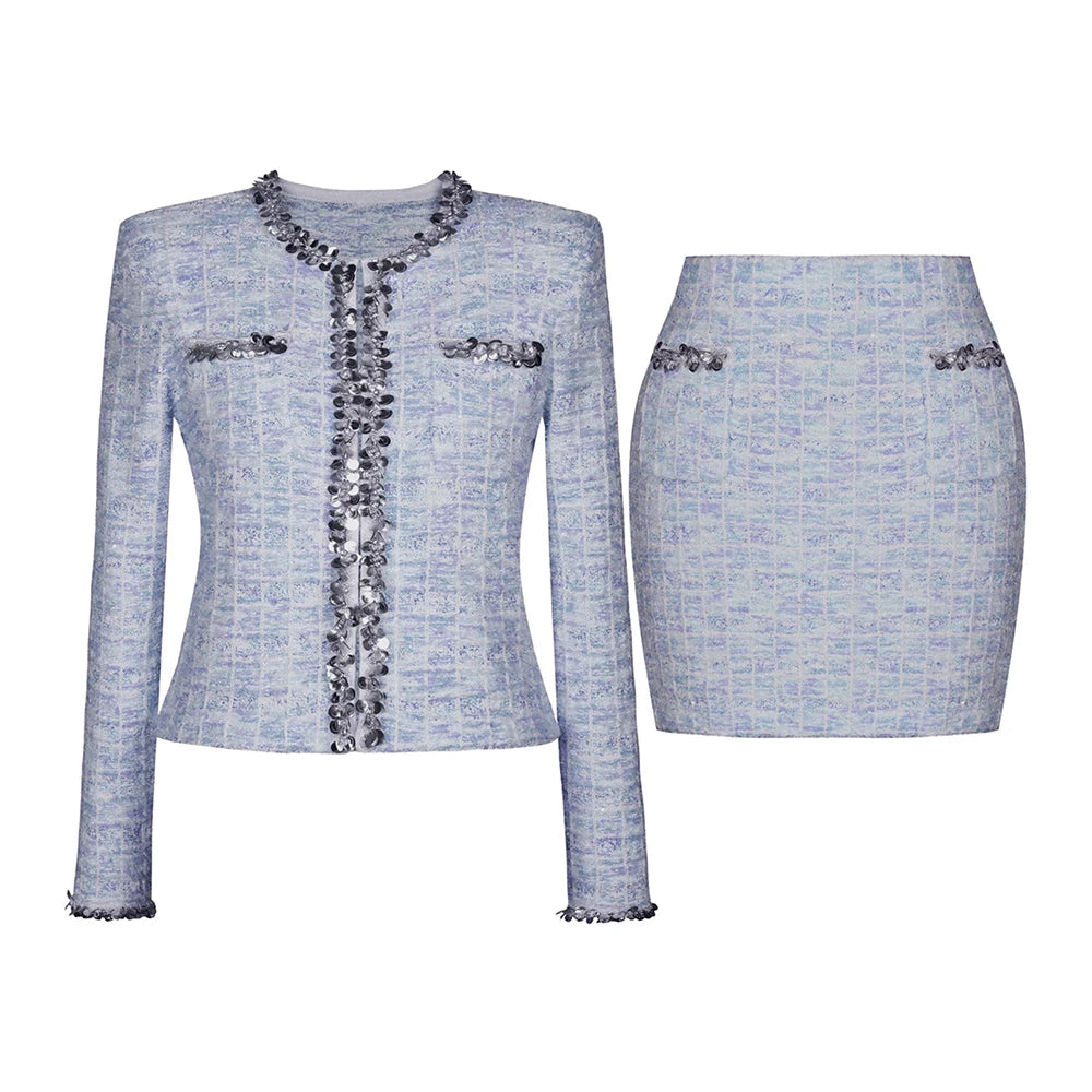 TWOTWINSTYLE Two Piece Sets for Women Round Neck Long Sleeves Spliced Diamonds Top High Waist Patchwork Pockets Skirt Female New