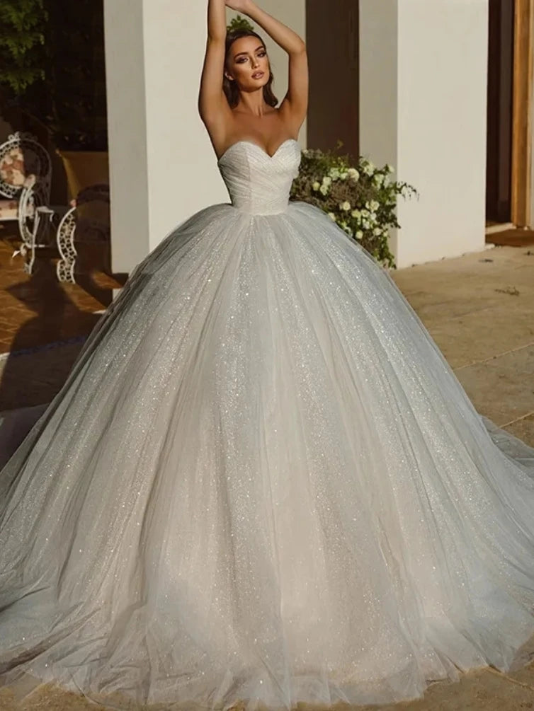 Luxury Sparkle Wedding Dresses Woman's A Line Sleeveless Sweetheart Ball Gowns Fuffy Organza Formal Bride Party Vestidos 웨딩드레스