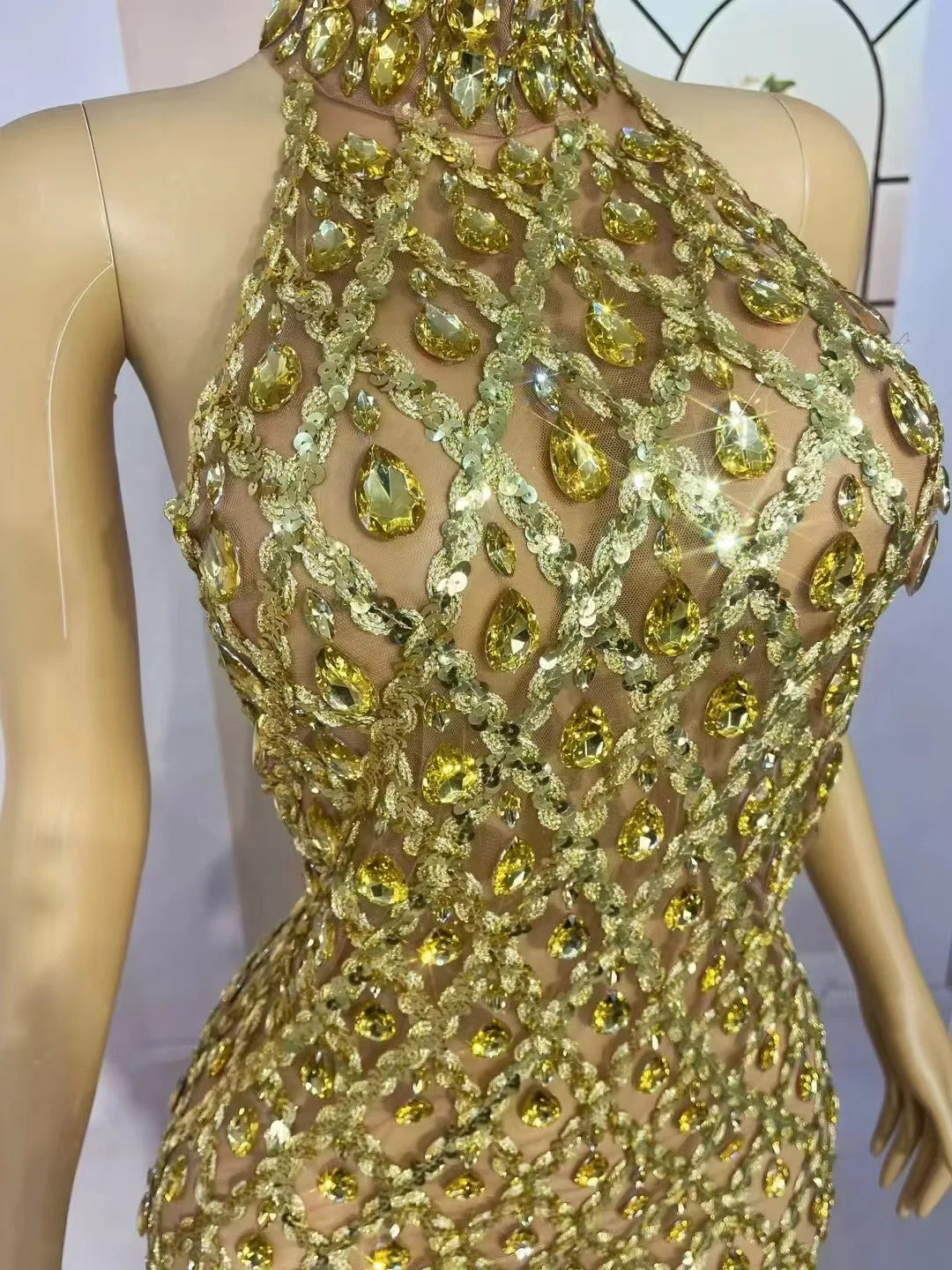Luxury Shining Gold Rhinestones Feather Sexy Mesh Long Dress Women Birthday Evening Red Carpet Fashion Show Gown Stage Costume