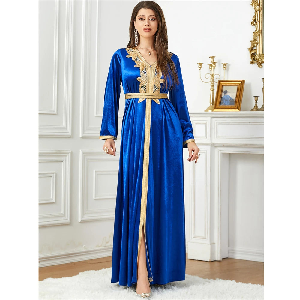 Velvet Embroidery Abaya for Fashion Women Muslim Winter Warm Long Maxi Dress Kaftan Turkey Arabic Kaftan Dubai Vestidos Moroccan 118-2Royalblue