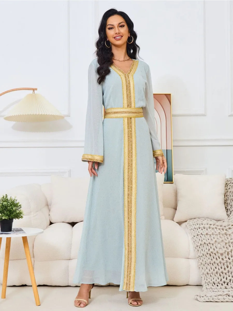 Fashion Dubai Solid Gold Stamping Diamonds Dress With Sashes Long Sleeve V-Neck Casual Abaya Moroccan African Clothing