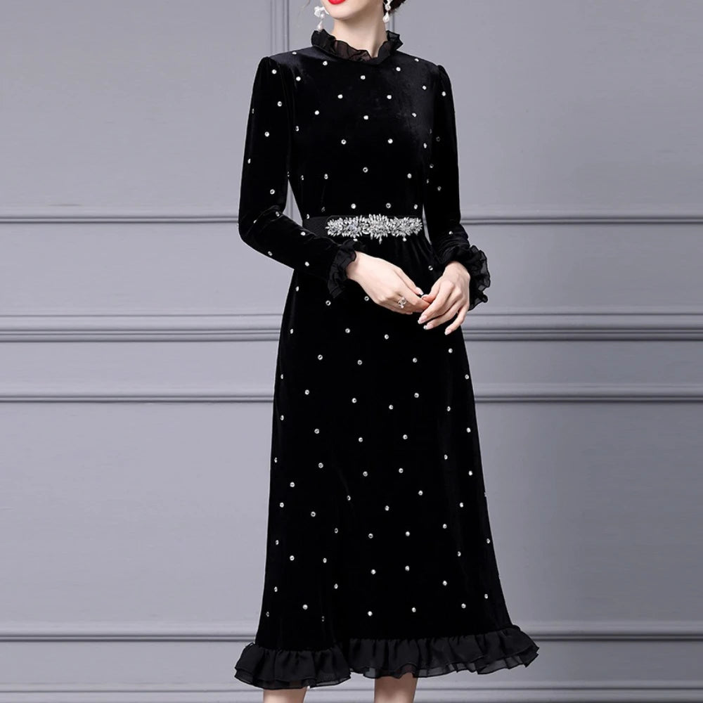 TWOTWINSTYLE Solid Slimming Spliced Wave Point Elegant Dresses for Women Round Neck Long Sleeves Patchwork Bead Dress Female New