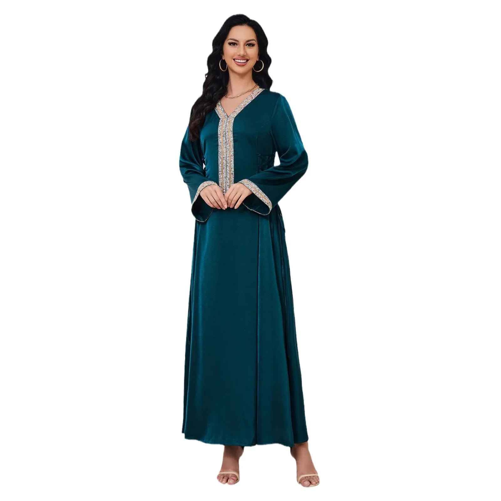 Abaya for Women Ramadan Gurban 2023 New Muslim Robe Abaya Women's Style Diamond Tunic Dress V-neck Dubai Long Sleeves Abaya