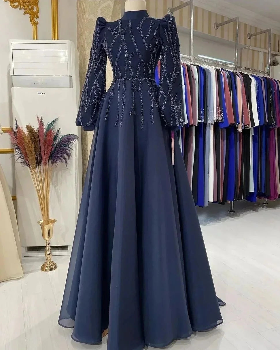 Elegant Long Sleeve Evening Gown Muslim Formal Dress Navy Blue A-Line Beaded Vestido De Formatura Prom Party Dresses