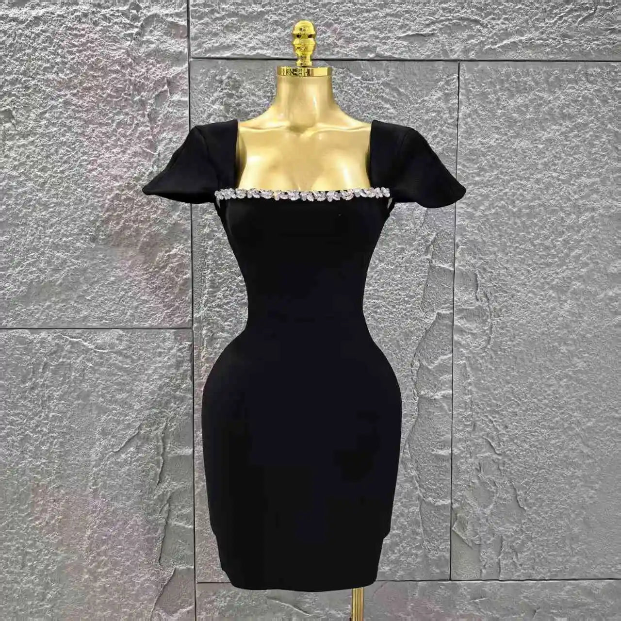 Black Red Color Women Sexy Short Sleeve Square Collar Bodycon Mini Bandage Dress Nightclub Party Celebrate Birthday Fashion Wear