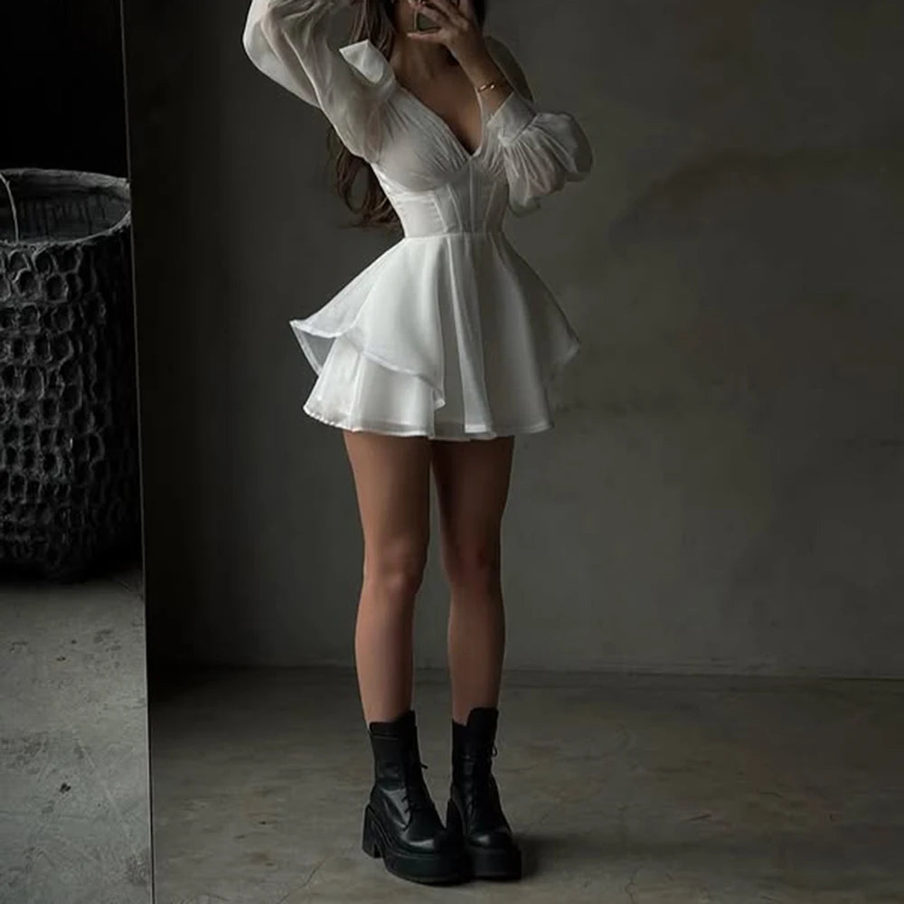 TWOTWINSTYLE Solid Slimming Fashion Dresses for Women V Neck Long Sleeves Patchwork Ruffles Temperament Dress Female Clothing