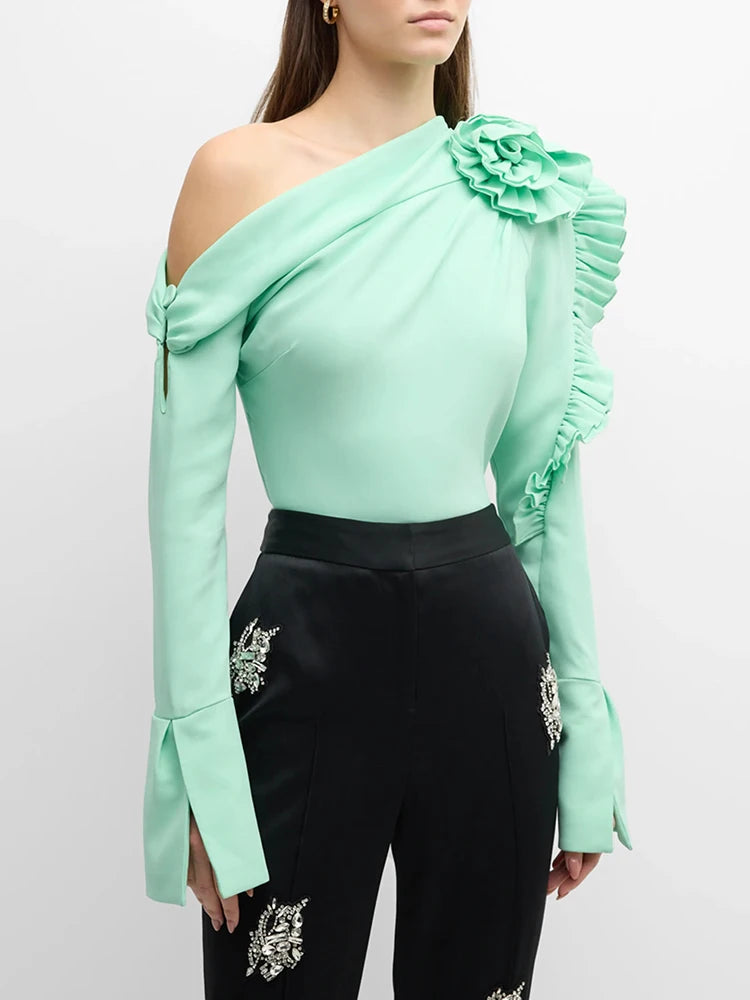 TWOTWINSTYLE Patchwork Appliques Asymmetrical Blouse For Women Diagonal Collar Long Sleeve Solid Pullover Shirts Female Fashion
