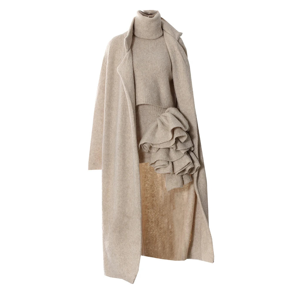 TWOTWINSTYLE Three Piece Set For Women Lapel Long Sleeve Coat High Neck Vest Fashion Spliced Ruffles Skirt Chic Sets Female New