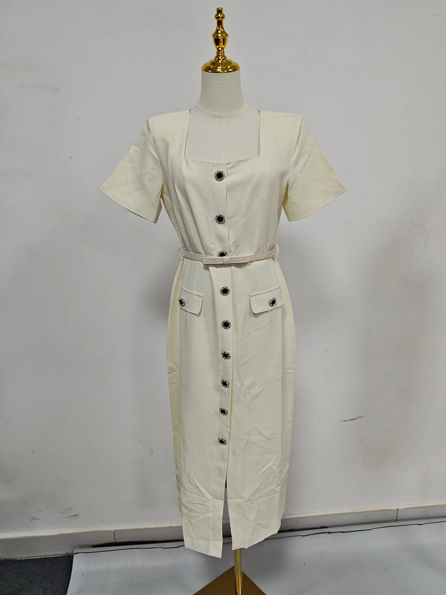 TWOTWINSTYLE Solid Slimming Spliced Single Breasted Elegant Dresses for Women Square Neck Short Sleeves Split Dress Female New
