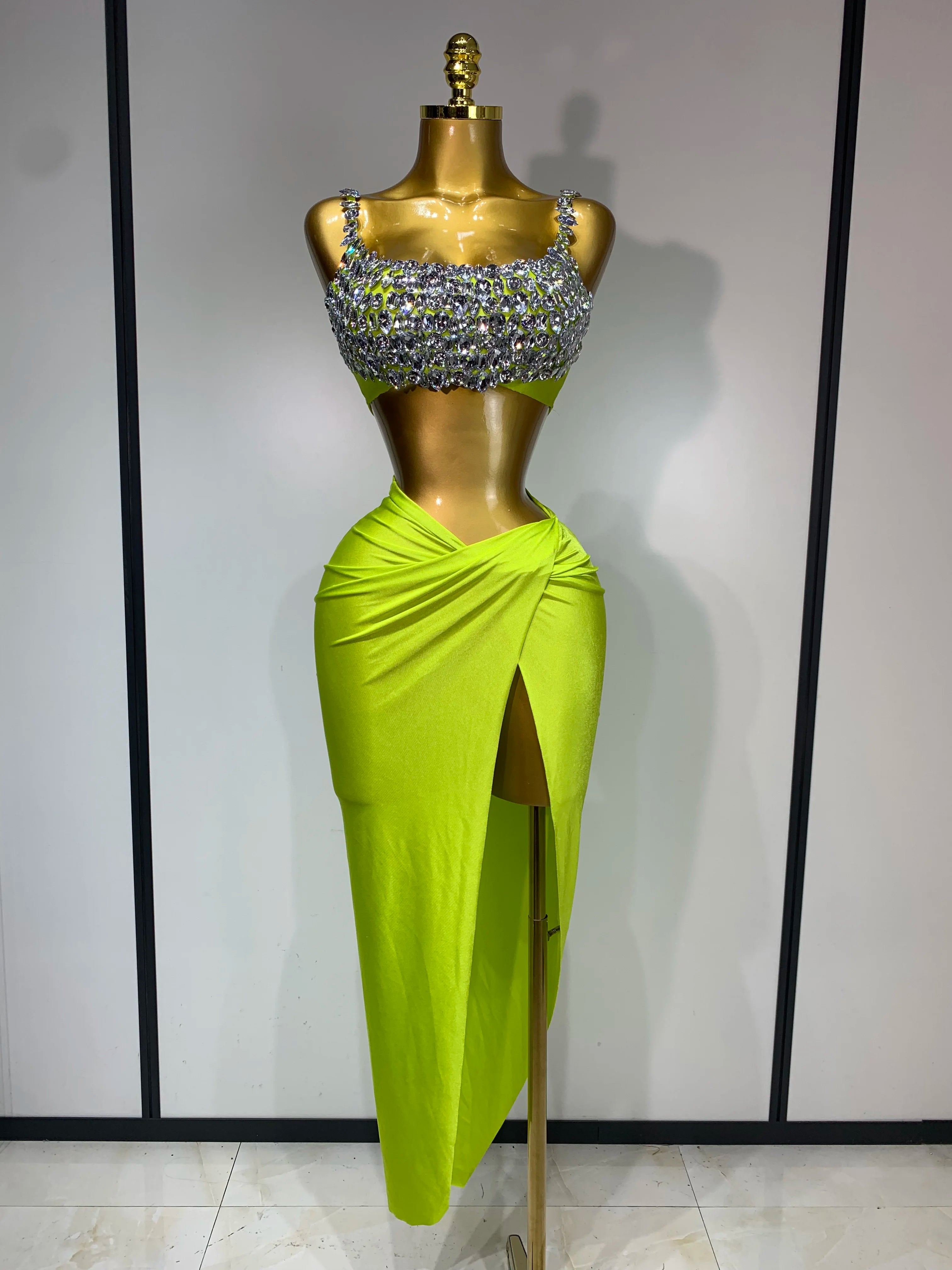 Women Sexy Two Pieces Set Stretched Crystal Diamonds Nightclub Singer Dancer Stage Performance Costume Evening Party Skirt Suits