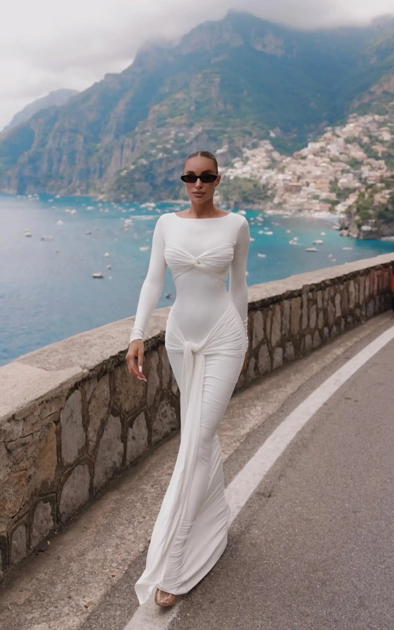 Women Celebrity Sexy O Neck Long Sleeve Gray White Maxi Long Gowns Dress 2024 Elegant Evening Party Club Vestido