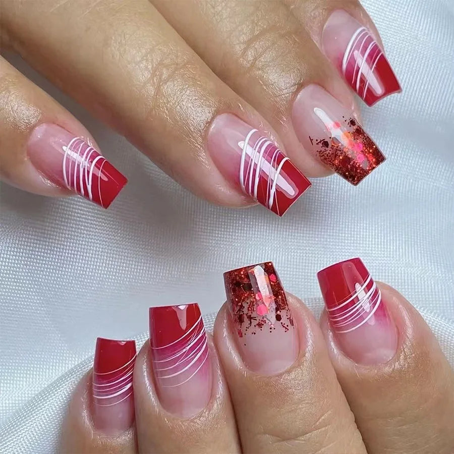 24Pcs Short Square Press on Fake Nails with French Stripe Pink Glitter Nail Set Art Finished Wearable Full Cover False Nail Tips