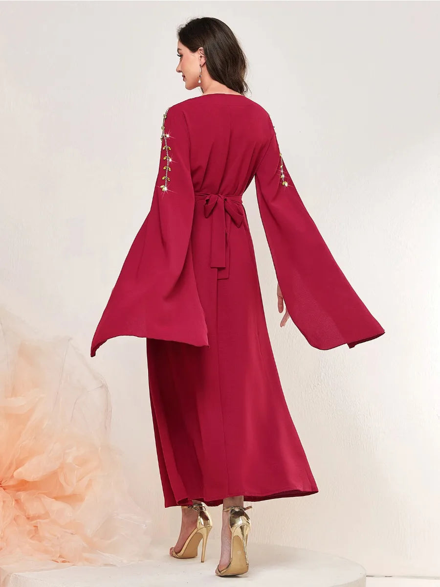 Dubai Fashion Chic Pure Handwork Diamonds Evening Party Gown Super Long Sleeve Square Collar Belted Dress Arab Robe