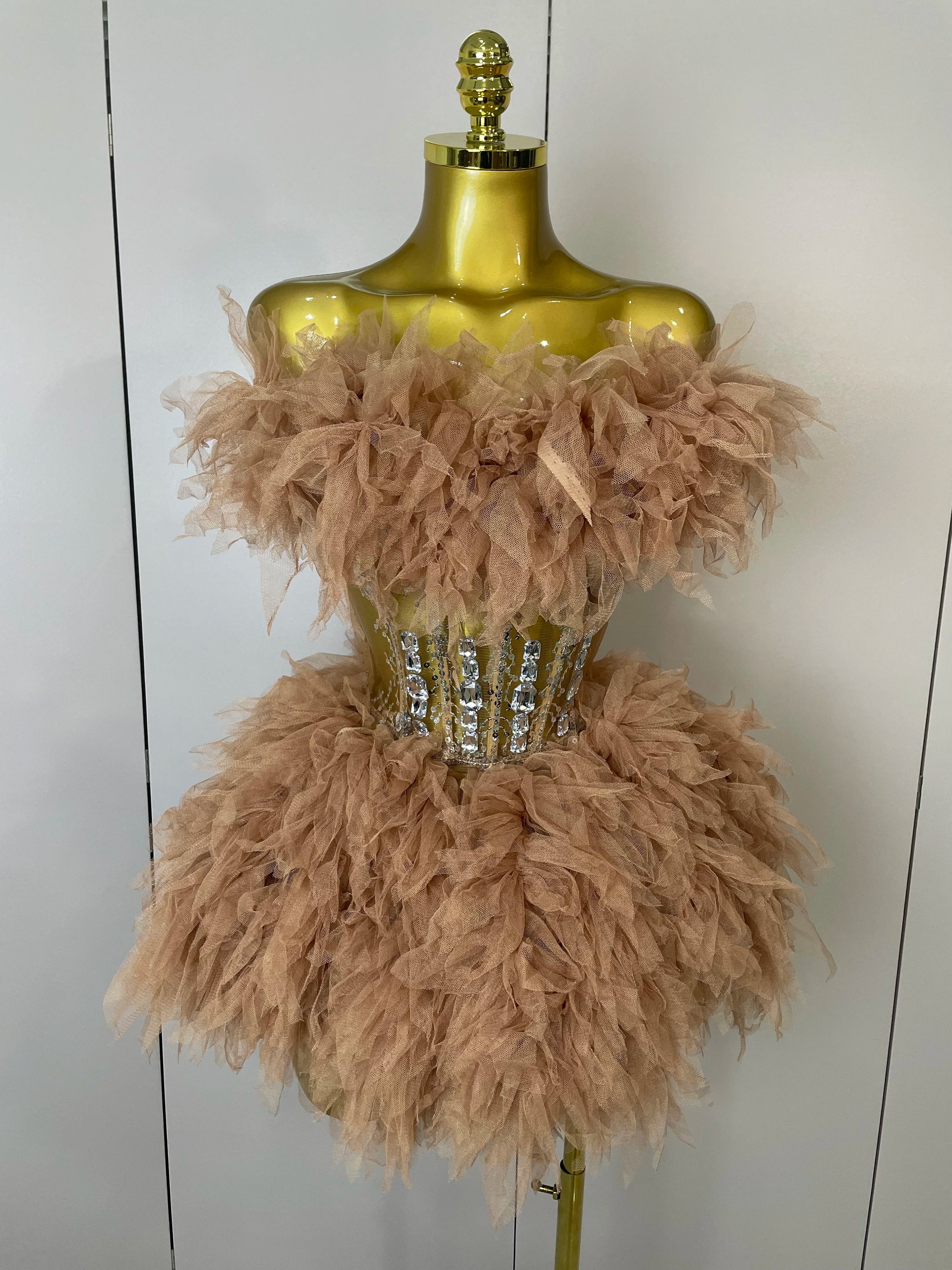 2025Women Sexy Backless Strap Mesh Fluffy Skirt 2 Pieces Diamond Sequins Stage Performance Costume Birthday Party Shooting Dress