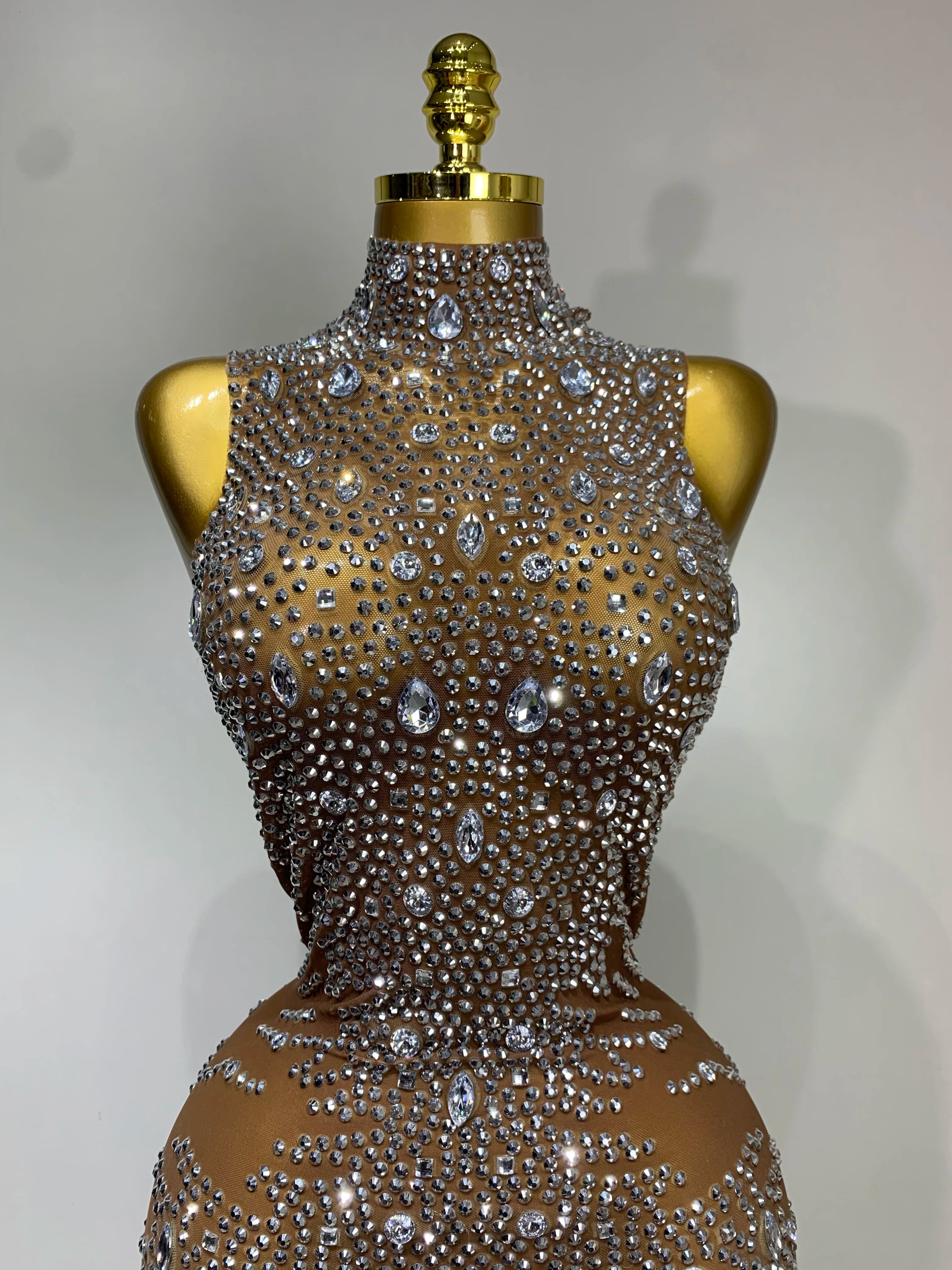 Luxury Rhinestones Jumpsuit Women Sexy Mesh See Through Performance Dance Costume Celebrate Club Birthday Party Stage Outfit
