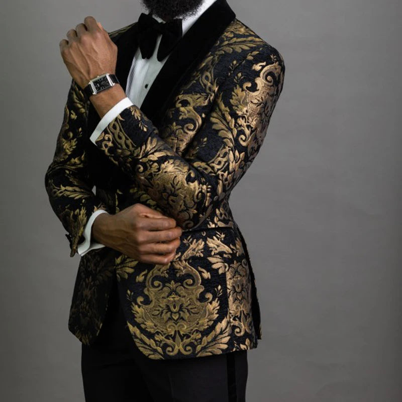 Black Floral Jacquard Men Suits for Prom 2 Piece Slim Fit with Velvet Shawl Lapel Wedding Groom Tuxedo Male Fashion Clothes 2023