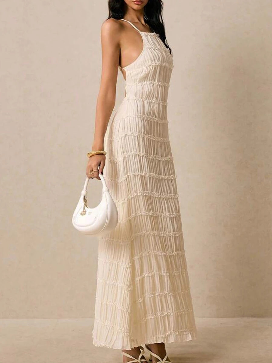 TWOTWINSTYLE Slimming Sheer Spliced Striped Casual Dresses for Women Halter Neck Sleeveless Backless Dress Female Fashion New