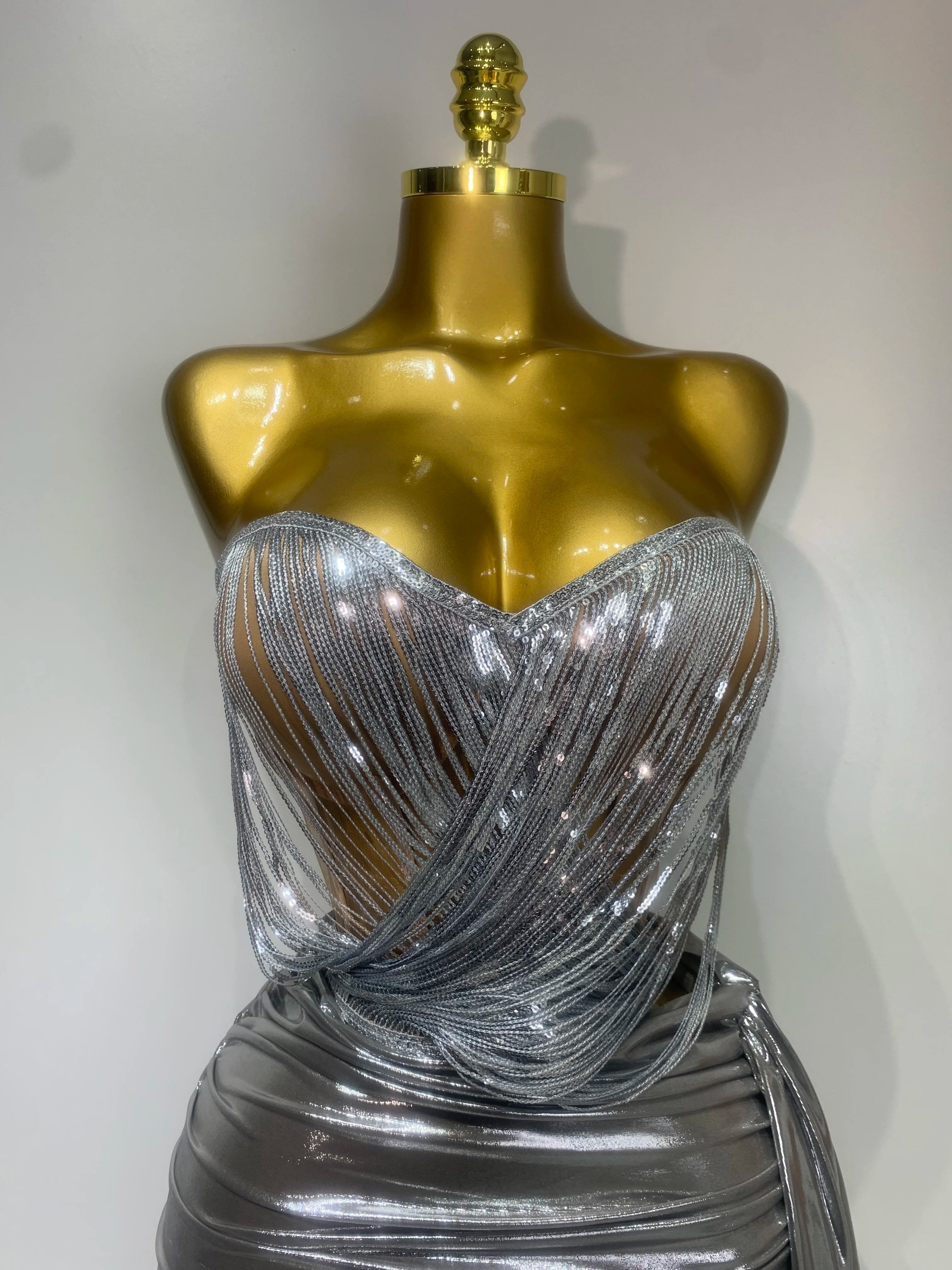 Sparkly Sequin Two Piece Set Sexy Strapless Backless Women Outfit Evening Party Nightclub Stage Performance Dance Costume