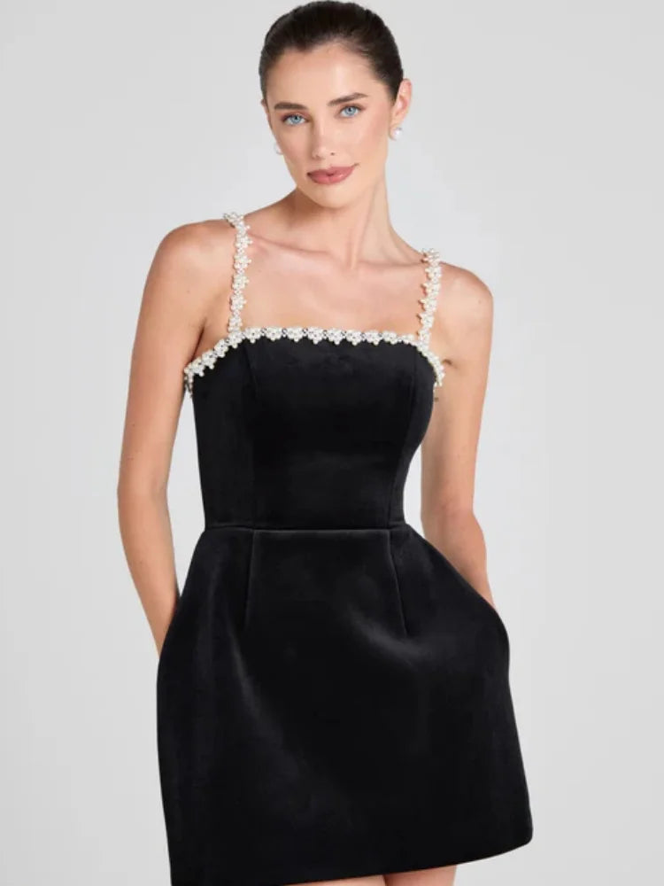 Black Color Women Sexy Strap Square Collar Beading Straight Mini Bandage Dress Elegant Evening Party Red Carpet Outfit