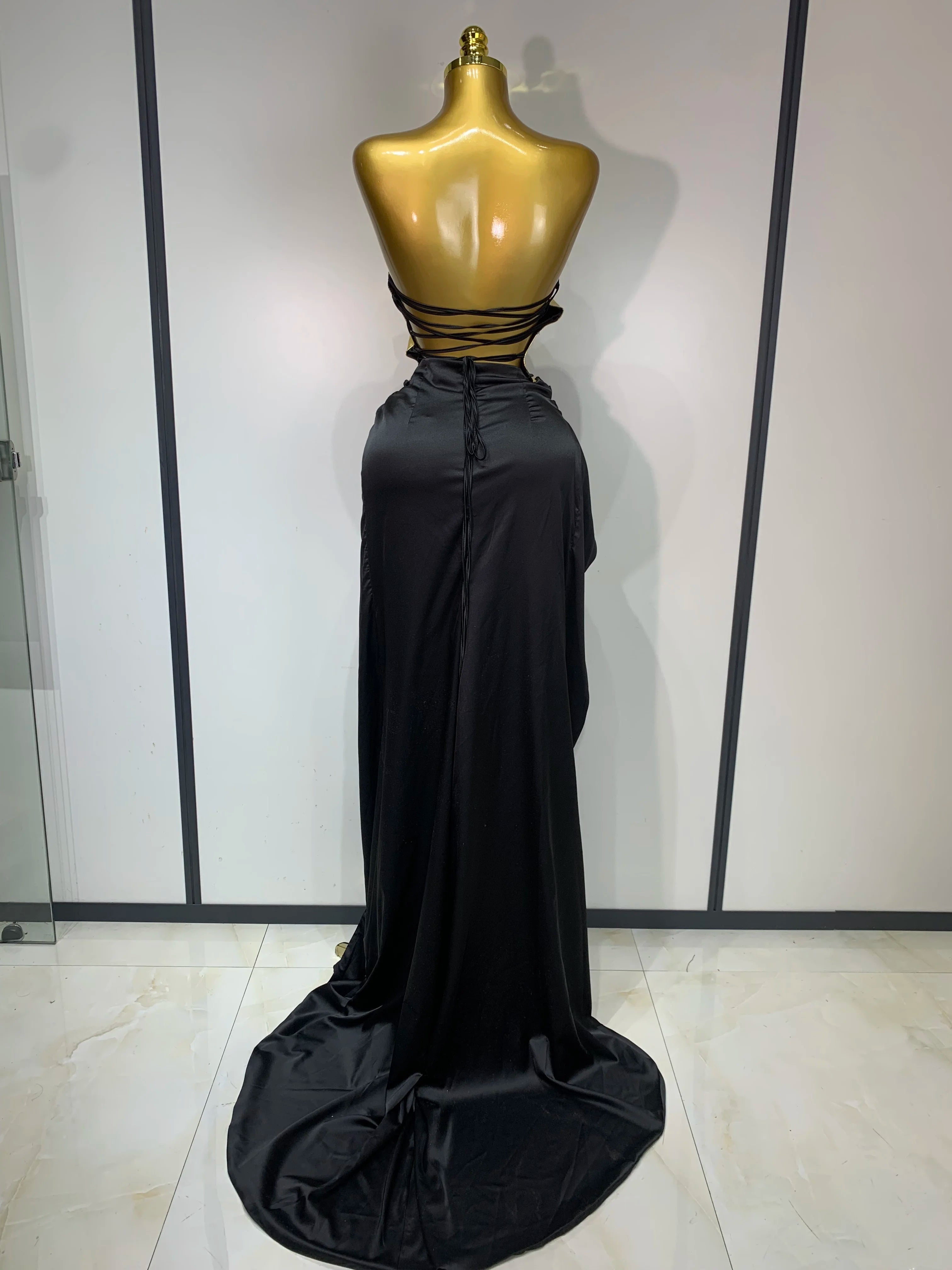 2025 Arrival Women Gold Color Sexy Laced-up Tops 2 Pieces Set Long Dress Celebrate Evening Party Celebrity Elegant Dress