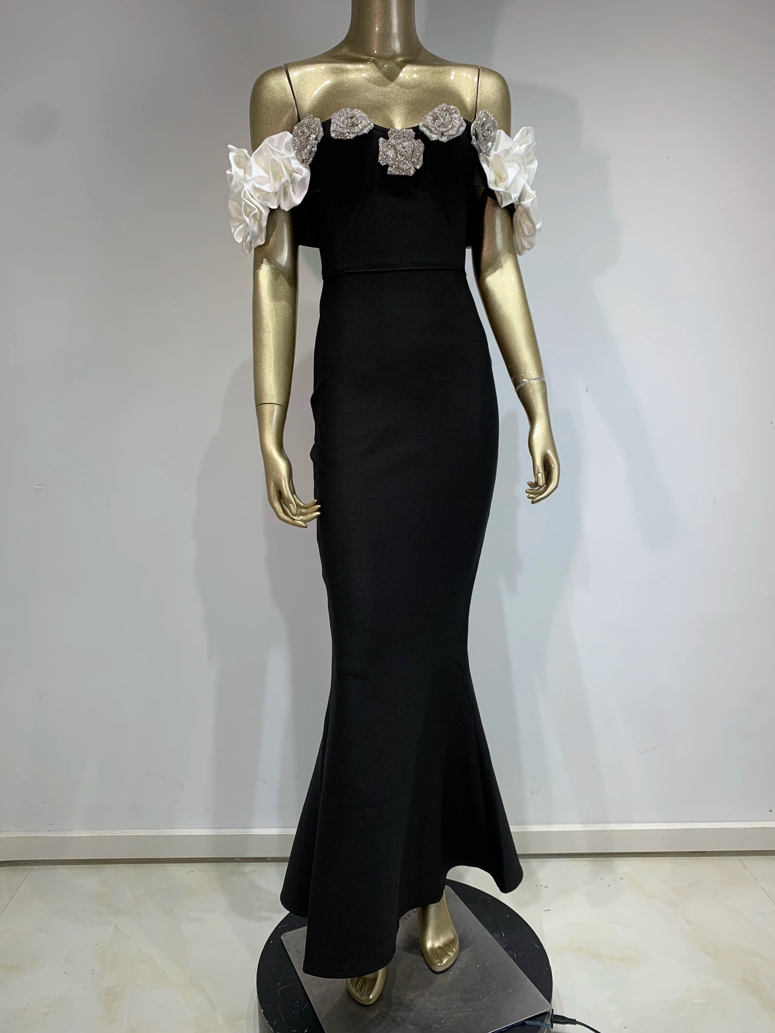 Women Celebrity Summer Sexy Off Shoulder Black Flower Maxi Long Bodycon Bandage Dress Elegant Evening Club Party Outfit