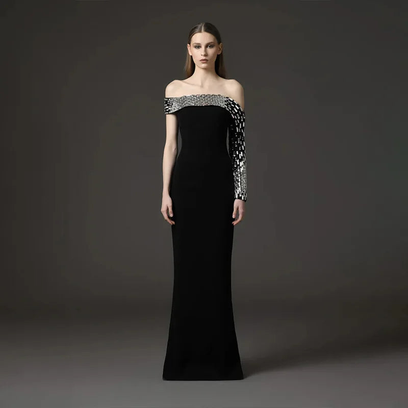 High Quality Women Sexy One Shoulder Shinning Crystal Bodycon Long Bandage Dress Elegant Evening Party Celebrity Red Carpet Wear