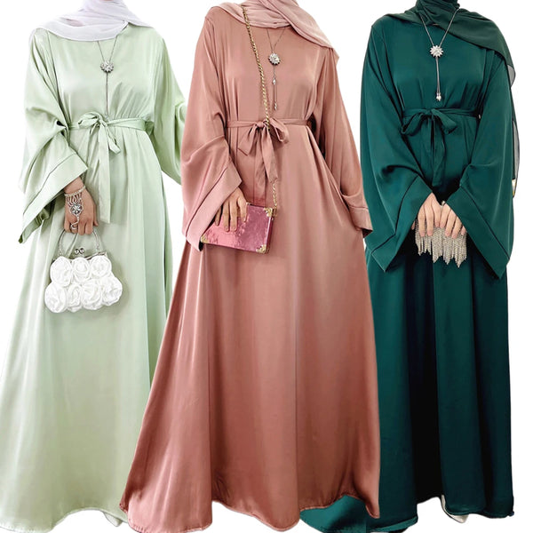 Elegant Shiny Satin Abaya Modest for Women Muslim Eid Dress Ramadan Kaftan Arabic Long Robe Dubai Femme Islamic Jalabiya Vestido