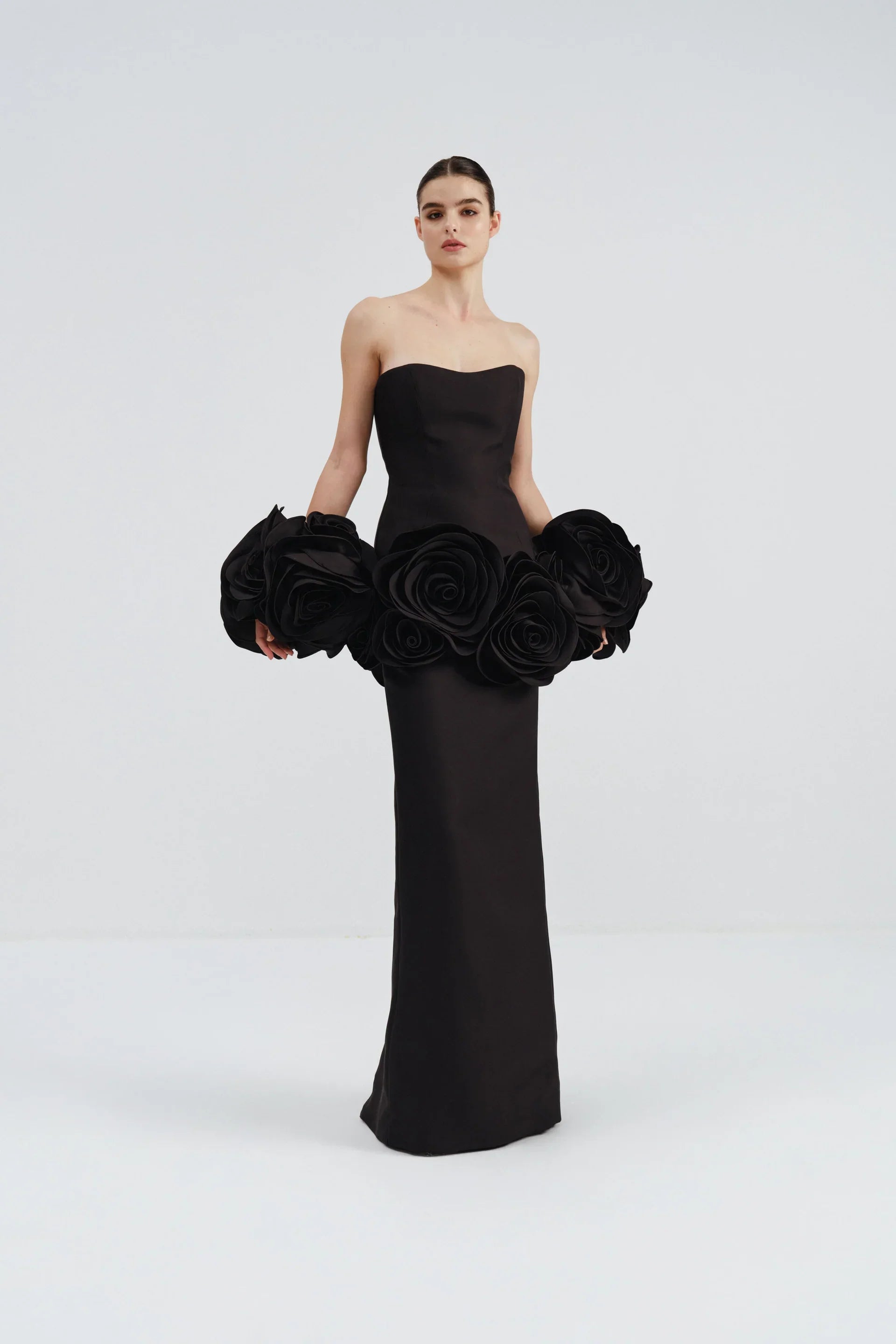 2025 New Fashion Black Red Women Sexy Strapless Big Florals Bodycon Long Bandage Dress Celebrate Evening Party Cocktail Outfit