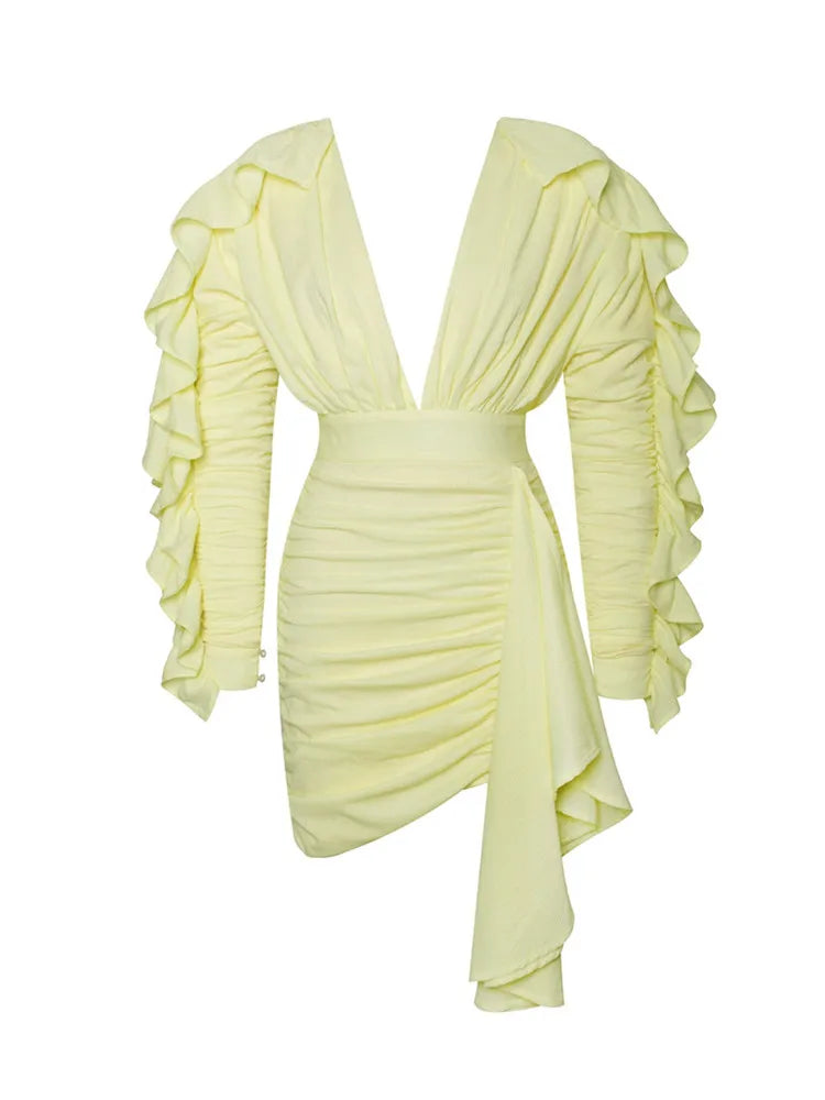 2022 New Yellow Green Women Butterfly Sleeve Sexy Deep V-Neck Bodycon Mini Dress Fashion Nightclub Party Dress