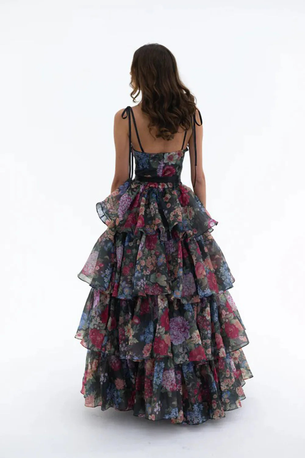 Women Sleeveless Sexy Strap Flowers Print Ruffles Loose Long Maxi Dress Evening Party Celebrate Birthday Vacation Outfit