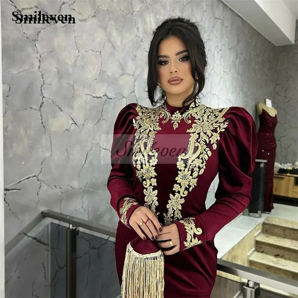 Modest Velour Lace Moroccan caftan Evening Dresses Long Sleeves High Neck Velvet Prom Dresses Women Party Gowns
