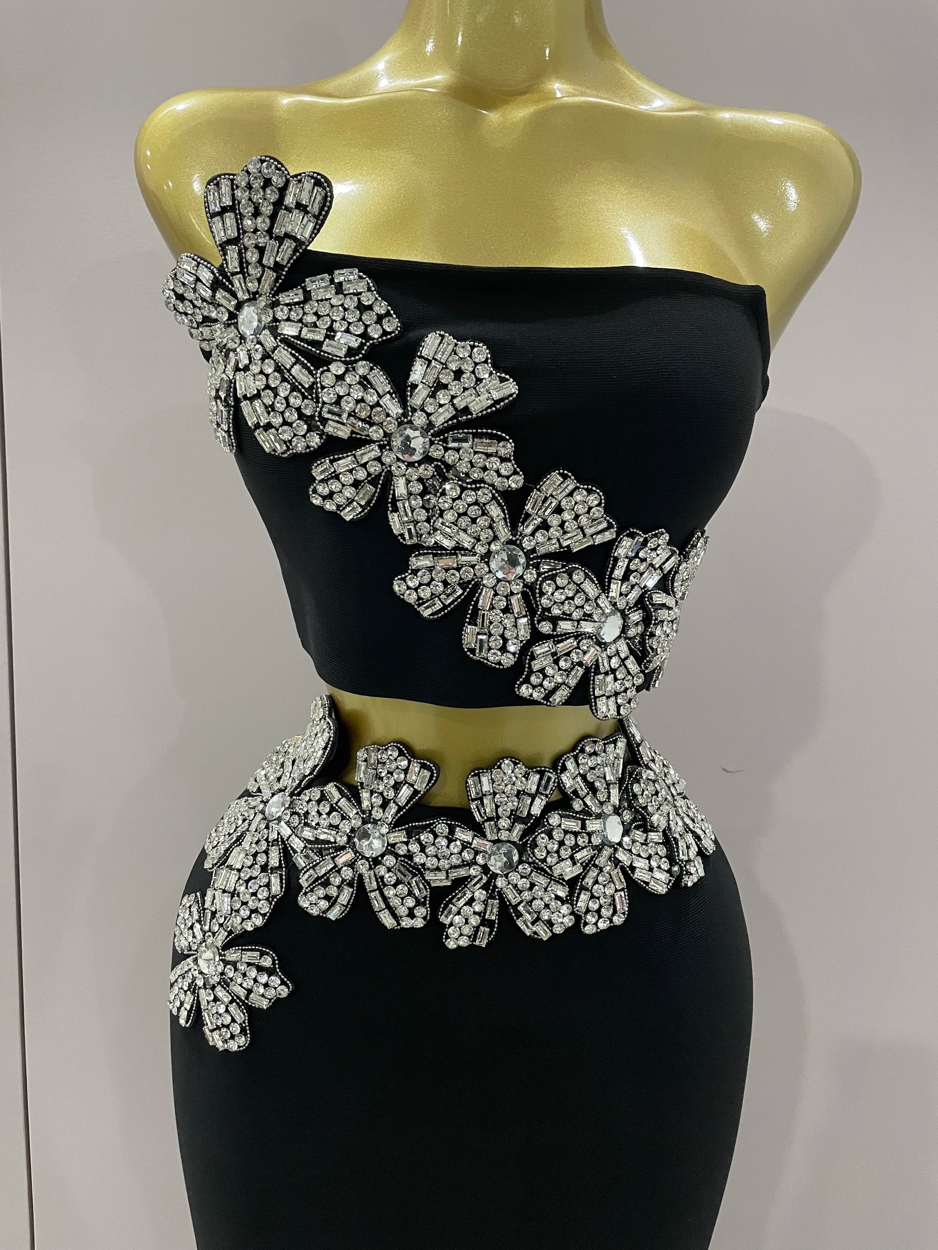 Sexy Strapless Flower Diamonds Black Maxi Long Bandage Two Piece Set 2025 Women Knitted Elegant Evening Club Party Prom Gowns