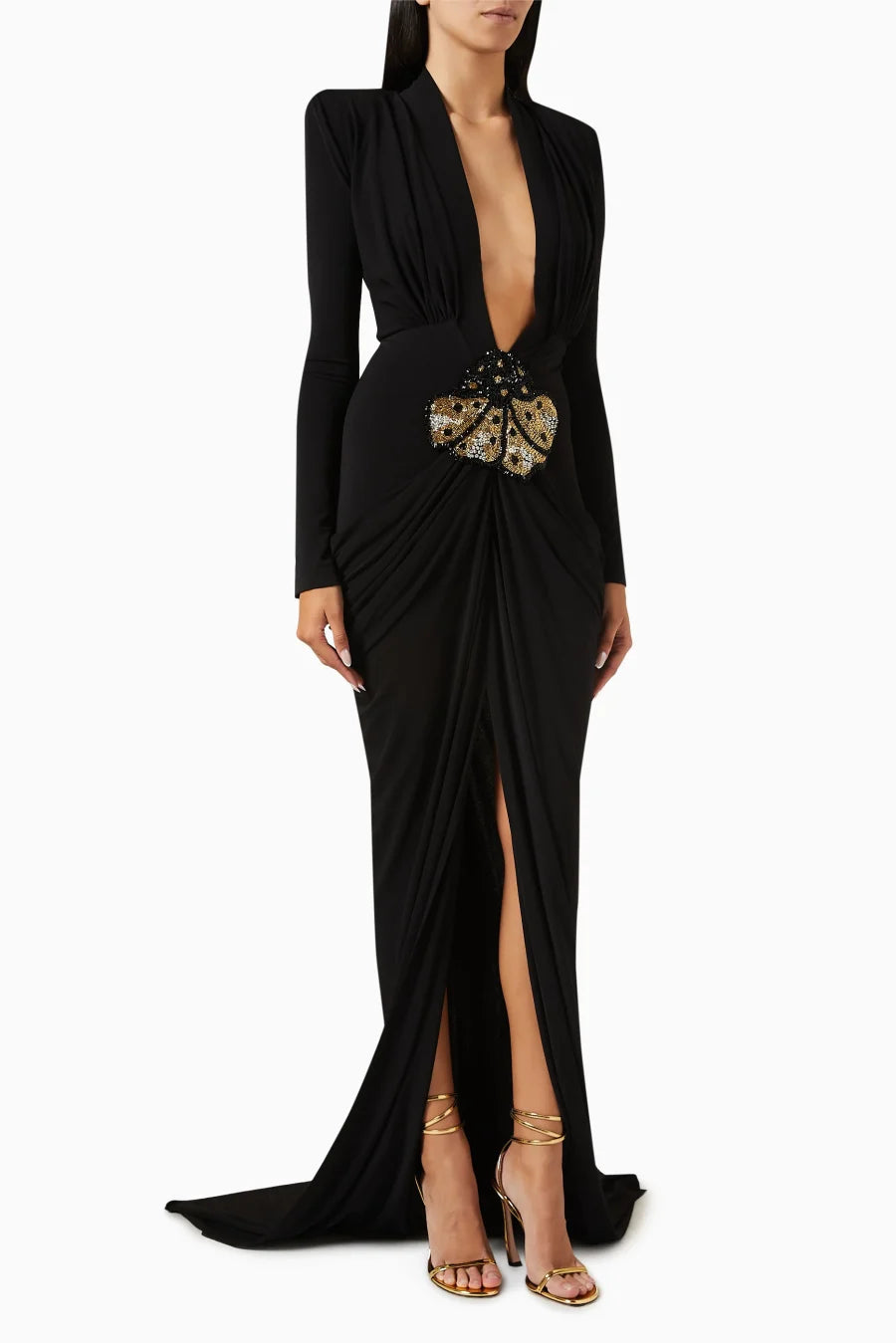 Women Long Sleeve Sexy Deep V-Neck Shinning Beading Bodycon Floor-length Dress Celebrate Evening Party Prom Cocktail Outfit