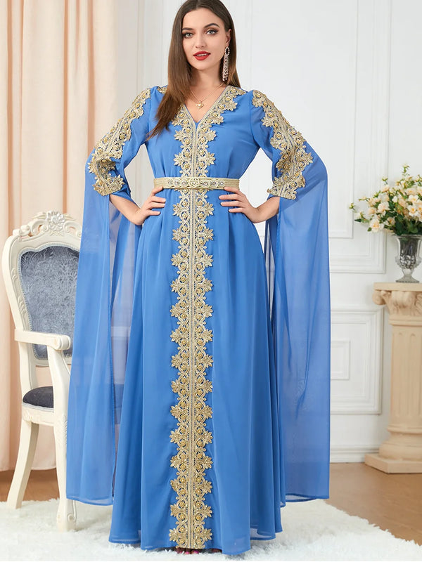 Ramadan Abaya Muslim Woma V-Neck Long Sleeve Chiffon Dress Floral Embroidery Lace Panel Belted Robe Moroccan Caftan Turkey