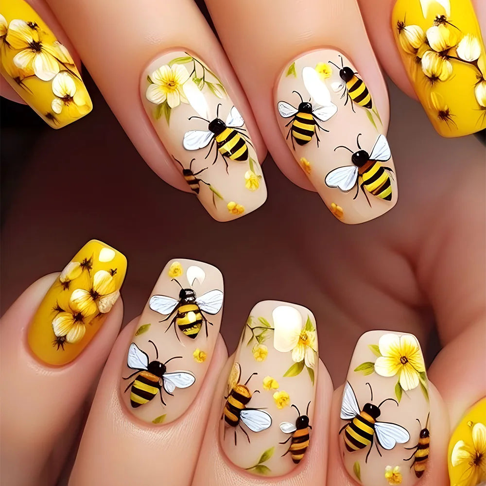 24Pcs Mid-length Square Fake Nails Patch with Plant Flower Pattern False Nails Blue Fashion Removable Nail Tips Finished Summer