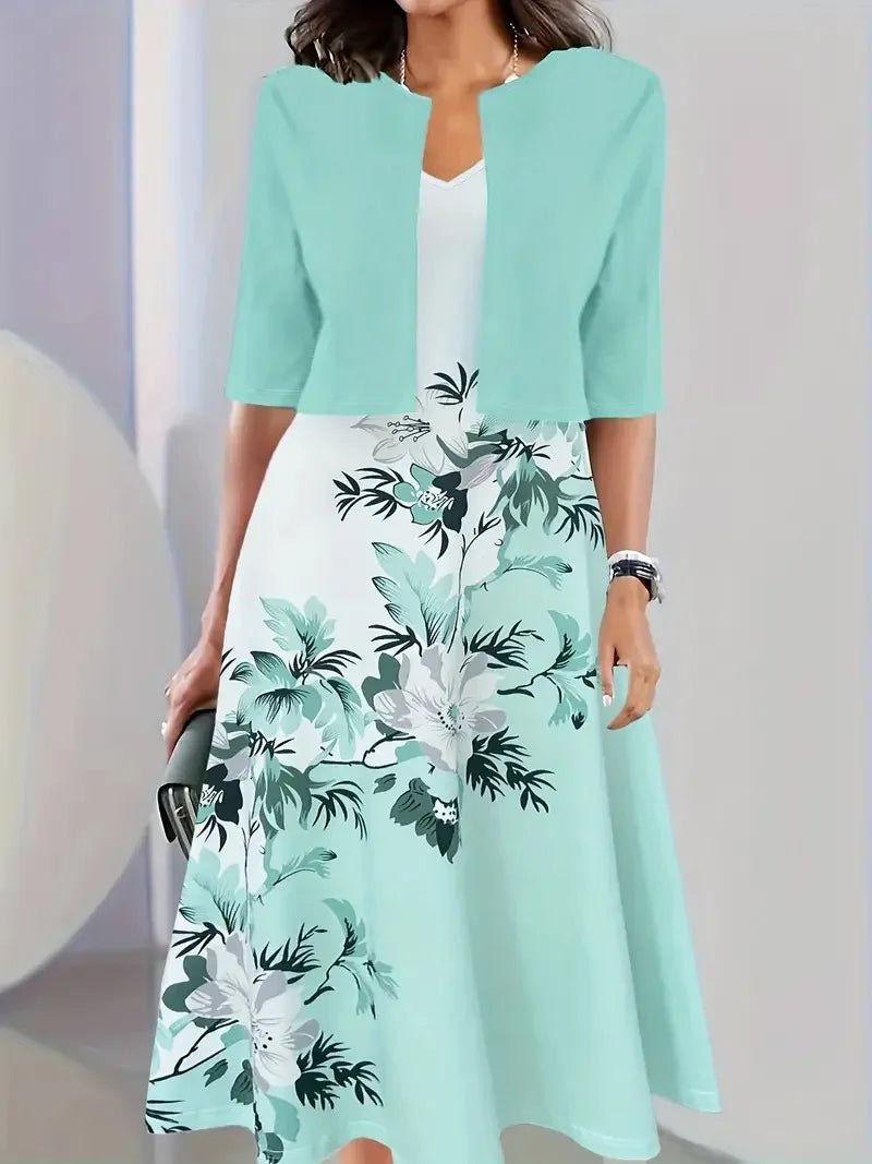 2025 autumn new women's long crewneck printed dress short needle two-piece cardigan short coat