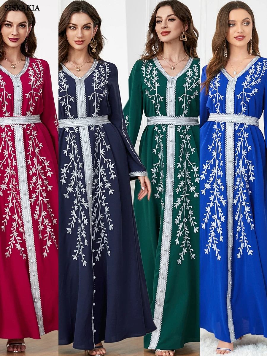 Abaya moda islámica sólido bordado Maxi vestidos de manga larga con cuello en V ropa con cinturón caftán marroquí para mujeres