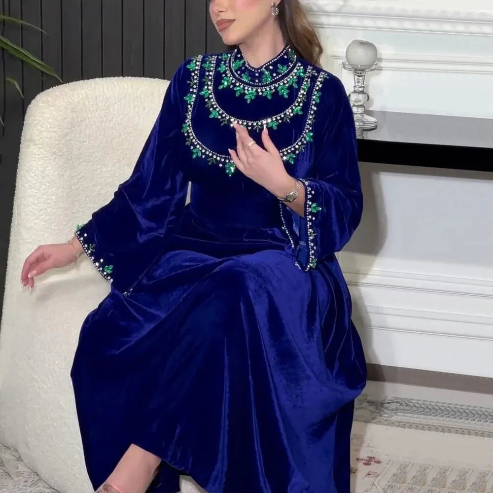 Autumn Velvet Warm Fashion Muslim Women Diamond Abaya Long Maxi Dresses Dubai Kaftan Turkey Arab Islamic Eid Party Gown Jalabiya Blue