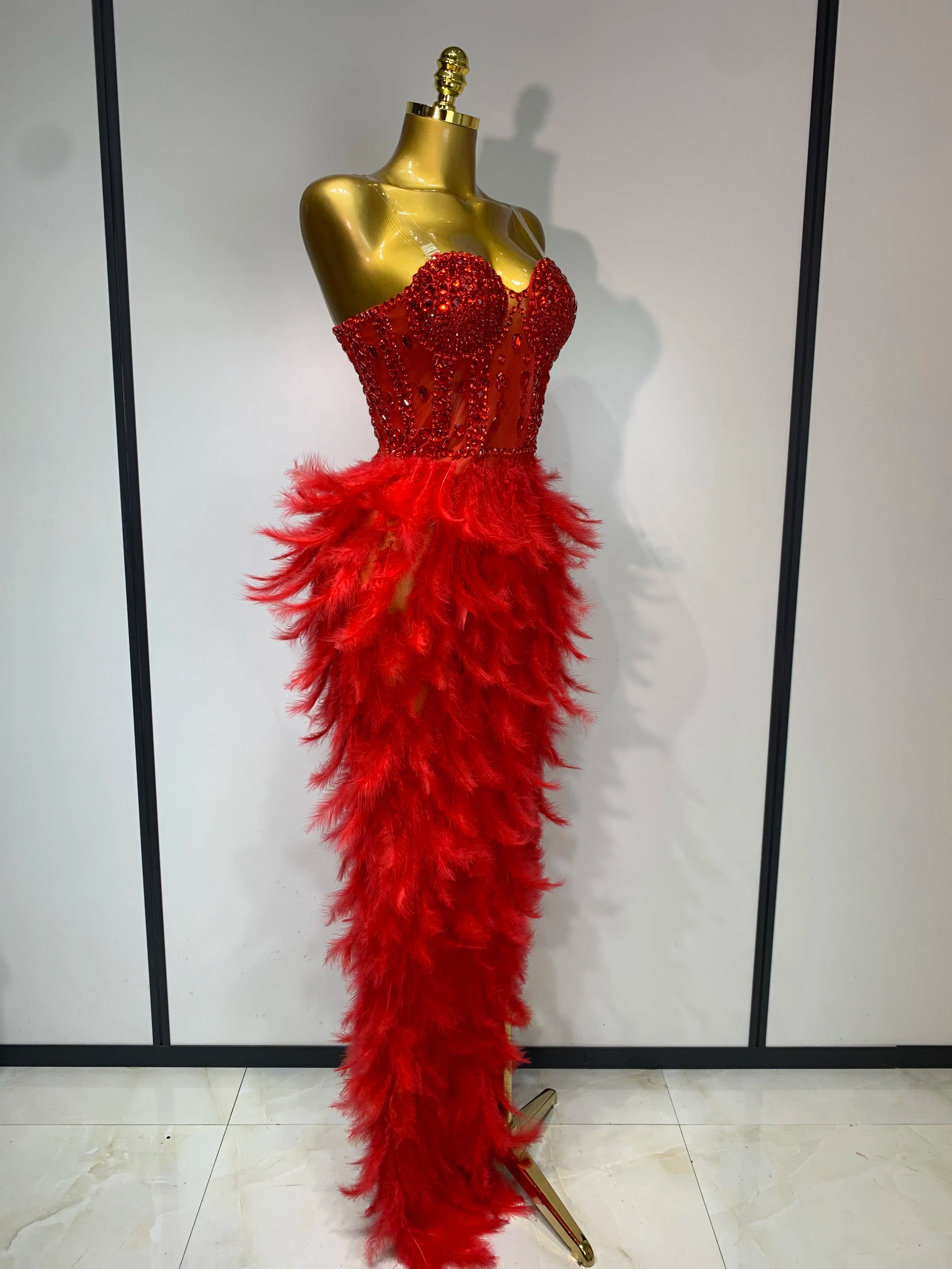 Sparkly Rhinestone Feather Mesh Long Dress Women Sexy Elegant Evening Party Luxury Birthday Photo Shoot Performance Costume
