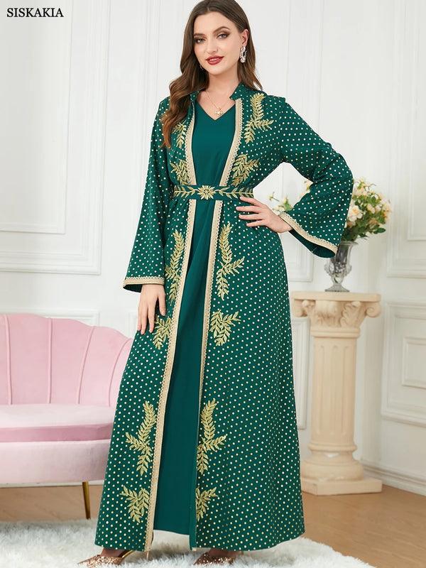 Eid Abaya For Women 2023 Spring Leaf Embroidery Lace Tape Belted Kaftan Polka Dot Print Front Open Abayas 2pcs Musilim Set Dress