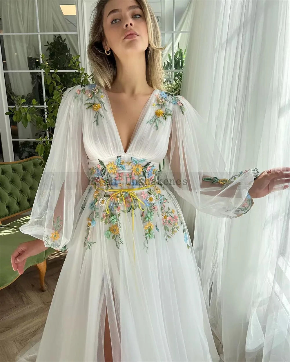 Fairy Boho Wedding Dresses Colorful Lace Embroidery Bride Dress Puff Long Sleeve Wedding Gowns V Neck Split Side Robe de mariee