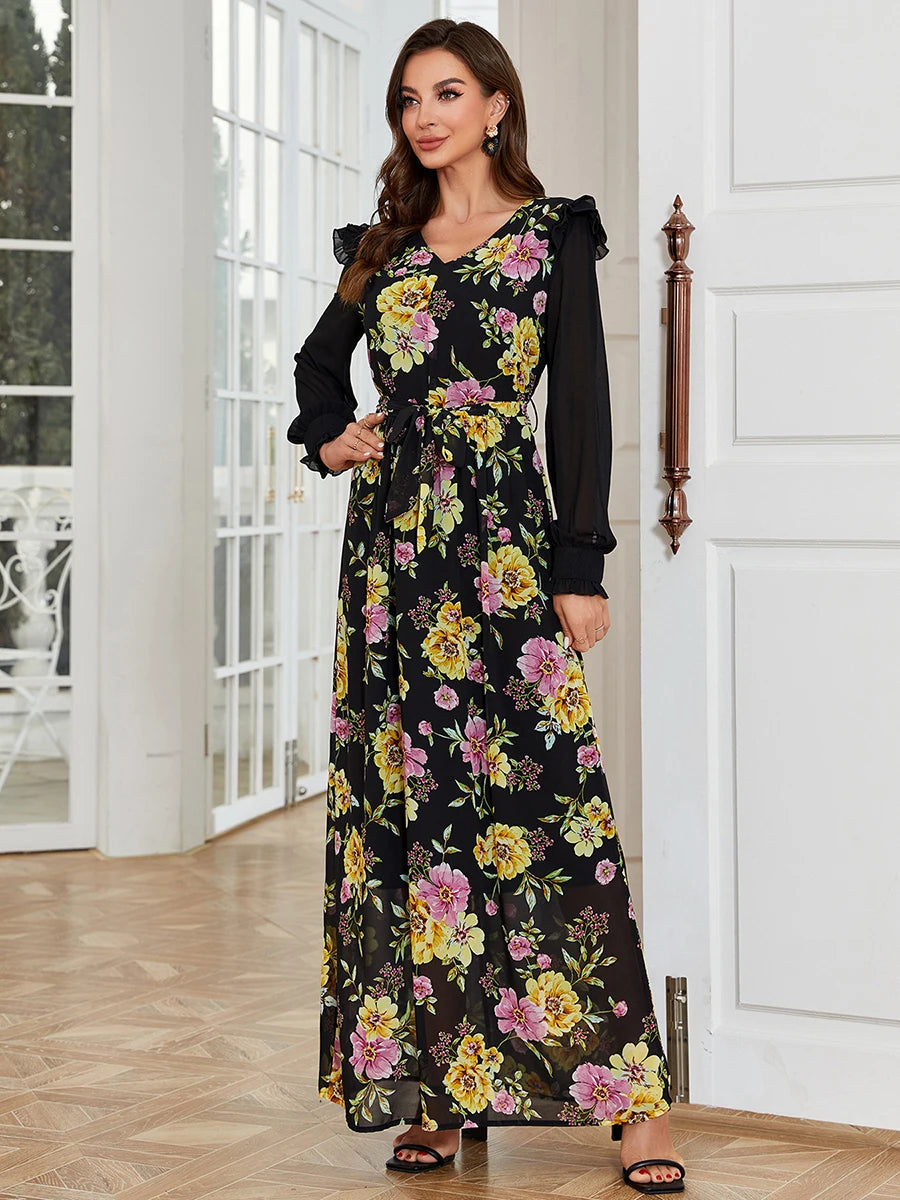 Fashion Black Printing Turkish Abayas For Female Chic Mesh Patchwork Full Sleeve V-Neck Tunic Elegant Muslim Long Dress