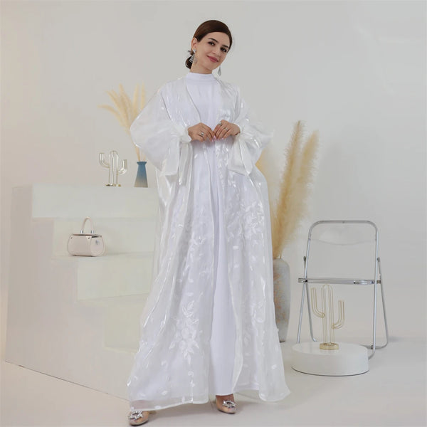White Embroidery Shiny Women Muslim Open Abaya Maxi Dress Turkey Kaftan Dubai Saudi Eid Ramadan Kimono Puff Sleeve Gown Jalabiya