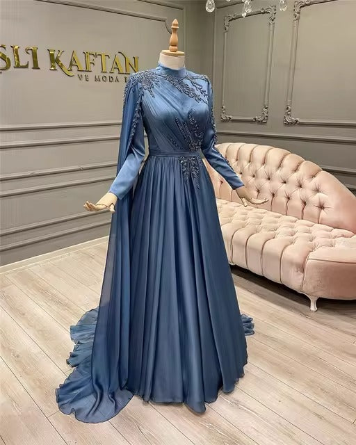 فستان رسمي أنيق من المسلمات العربيات بأكمام كاملة أردية De Soirée A-Line Chiffon High Neck Dubai Caftan Evening Prom Dress