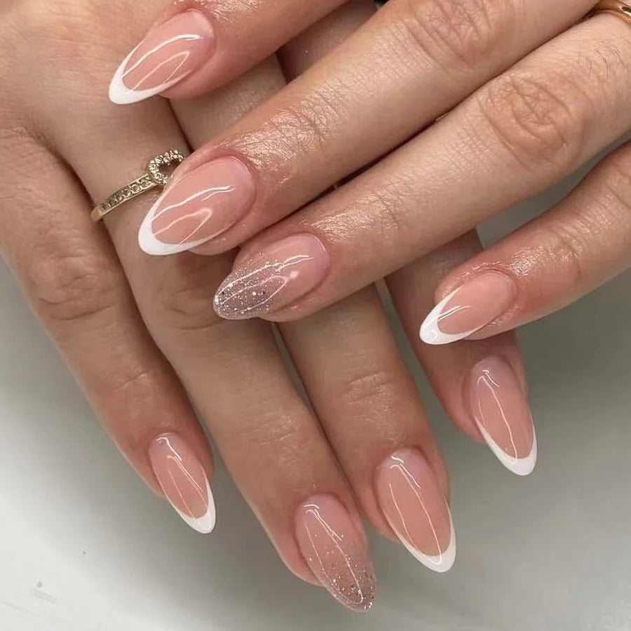 24Pcs Simple French Fake Nails Short Almond Glossy Round False Nails with Glue Gold Edge Press on Nail Wearable Finished Nails