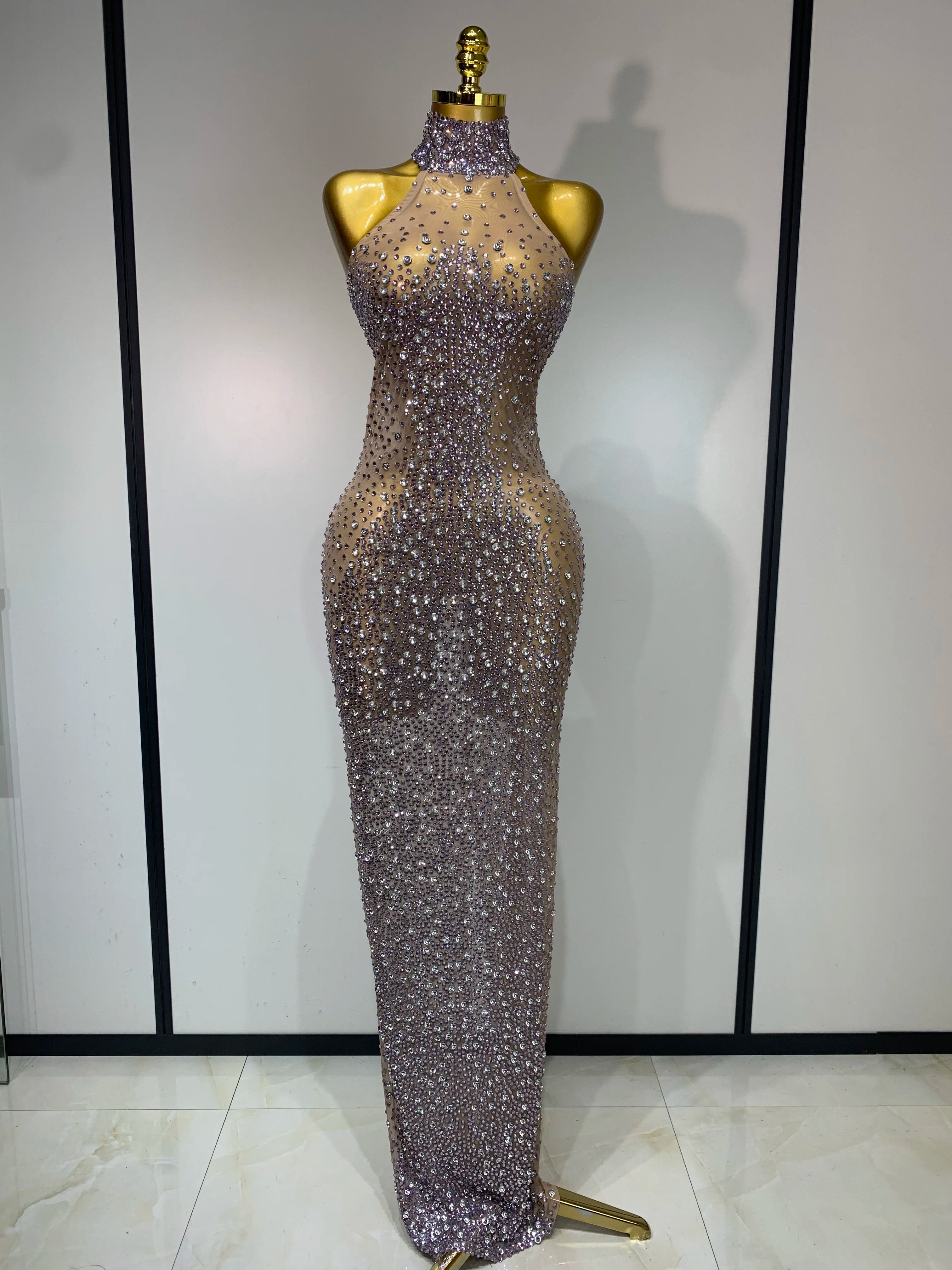 Women Luxury Birthday Celebrate Dress Dancer Party Show Stage Outfit 2025 Sparkly Rhinestone Elastic Mesh See Through Long Dress