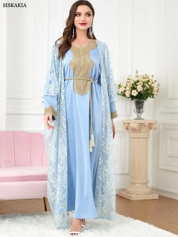 Muslim Sets Lace Abaya And Satin Dress Jalabiyat Turkish Moroccan Caftan For Women Solid Long Sleeve Belted Clothing